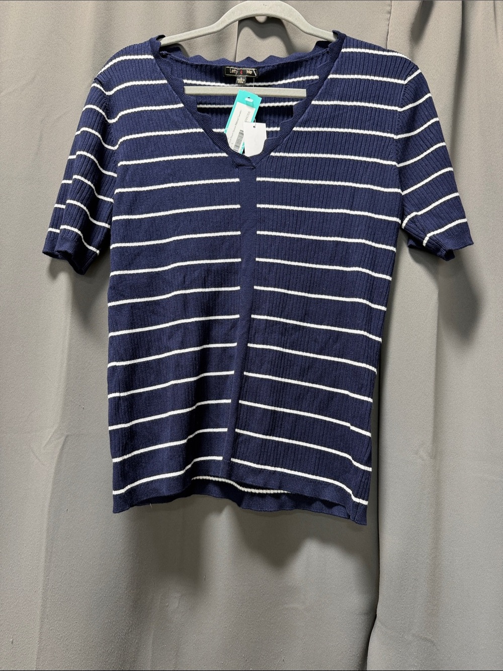 Lety& Me Opal V-Neck Short Sleeve Ribbed Sweater - Navy - L
